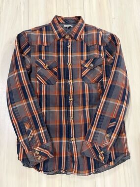 Men's Plaid Button-Up Shirt/jacket in Navy and Orange